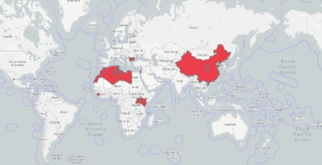 Mapa přehledu ohnisek moru malých přežvýkavců ve světě