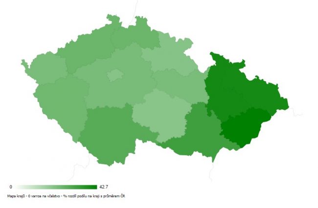 Mapa Procentuální zastoupení stanovišť bez výskytu roztoče Varroa destructor podle jednotlivých krajů