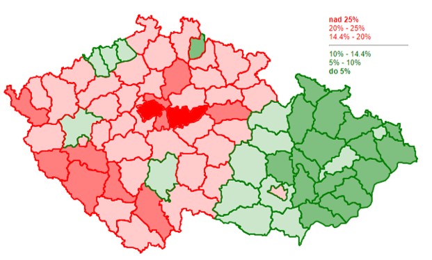 Mapa Procentuální zastoupení stanovišť s nálezem nad roztoče podle jednotlivých okresů
