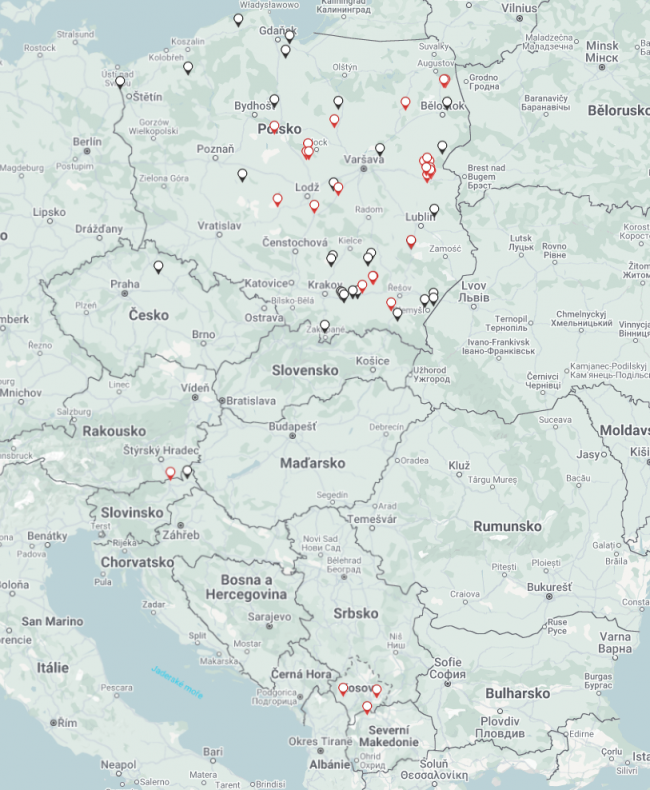 Mapa Ohniska Newcastleské choroby v Evropě 2025