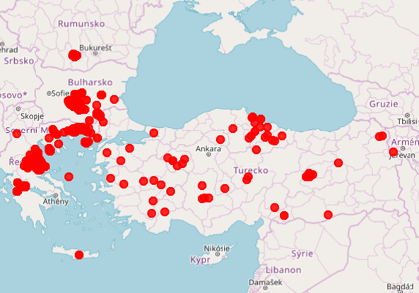 Mapa Ohniska v Evropě a v Turecku