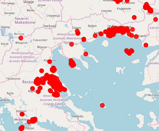Mapa Ohniska v Řecku
