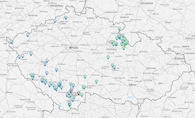 Mapa s umístěním pozitivních chovů katarální horečky ovcí