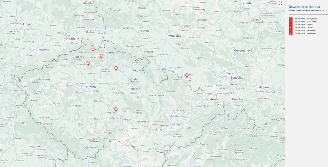 Mapa č. 2 – Ohniska Newcastleské choroby u ptáků chovaných v zajetí malochovy za rok 2025 stav ke dni 9.9.2025