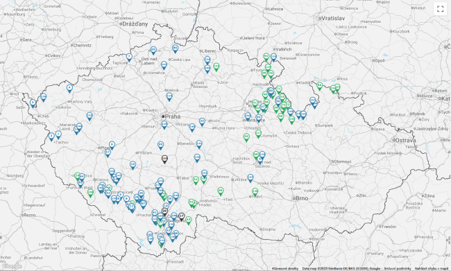 Mapa s umístěním pozitivních chovů KHO