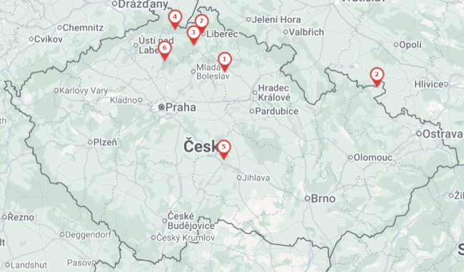 Mapa č. 1 Ohniska Newcastleské choroby u ptáků chovaných v zajetí v ČR v roce 2025 stav ke dni 21.10.2025