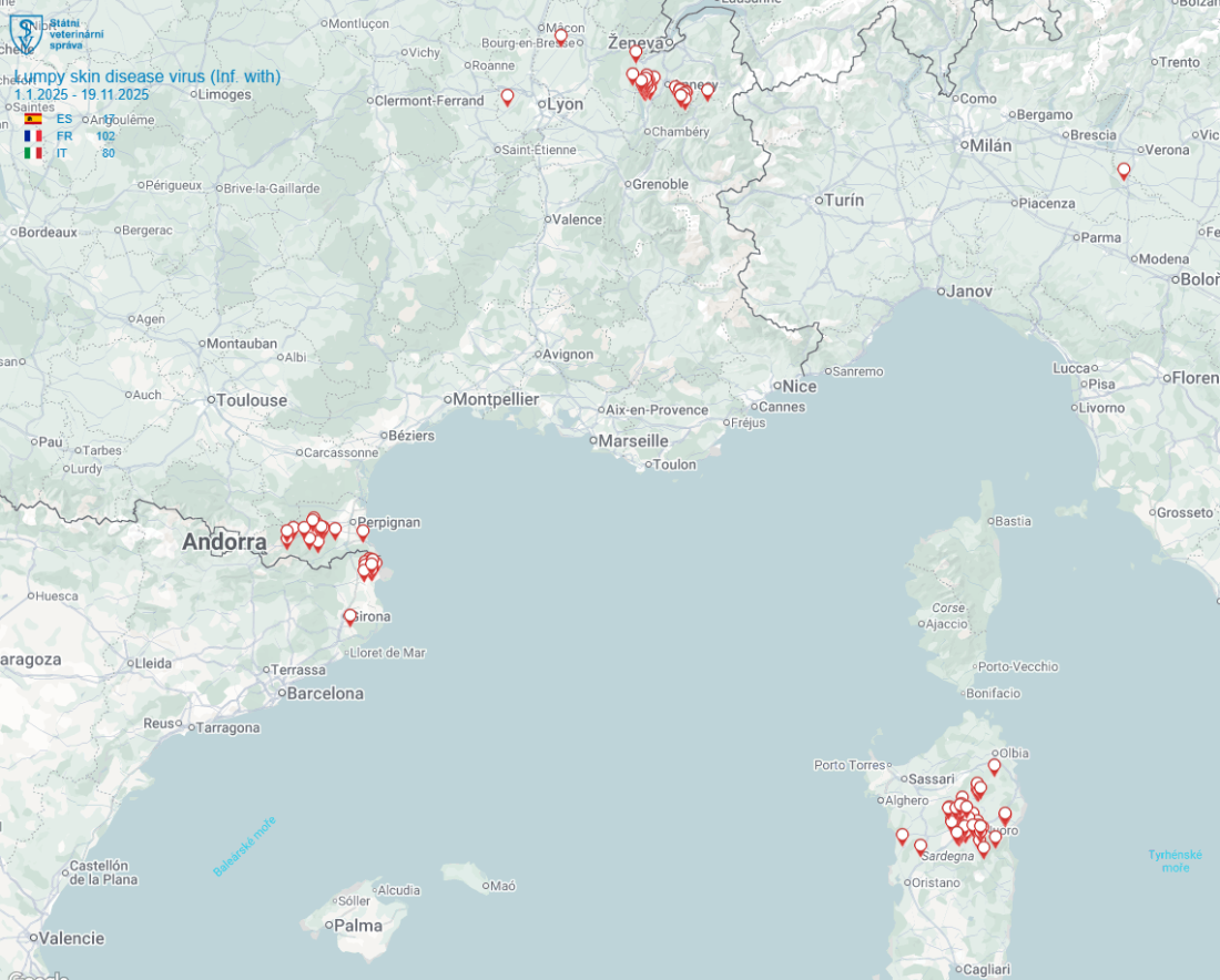 Mapa NCD Ohniska ve Francii Itálii a Španělsku