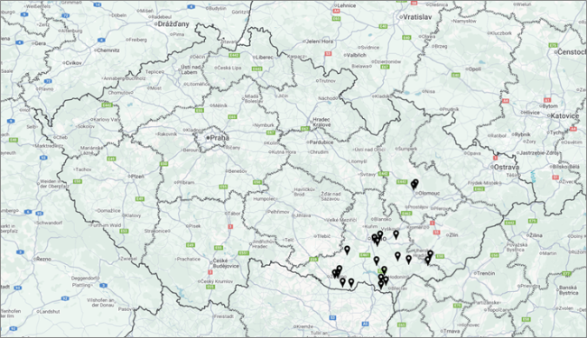 Mapa potvrzené případy myxomatózy v ČR