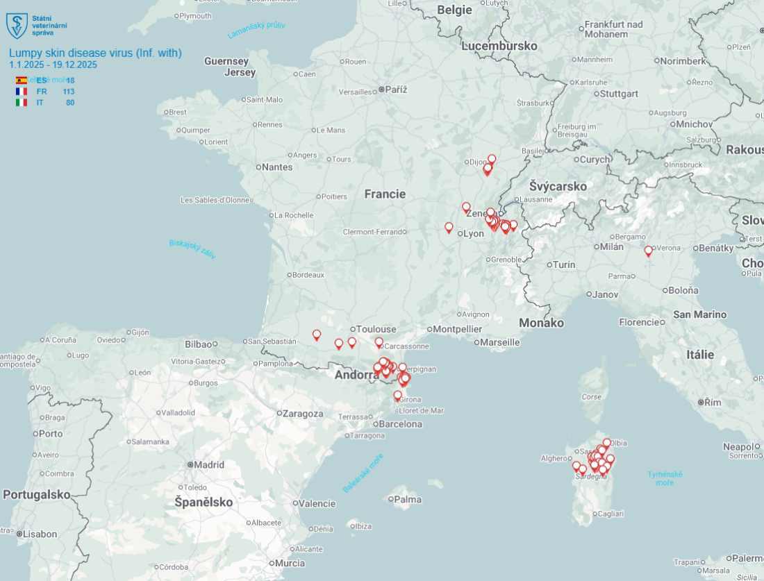 Mapa Ohniska NCD ve Francii Itálii a Španělsku