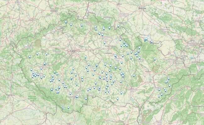 Mapa s umístěním pozitivních chovů katarální horečky ovcí (KHO) k 31.7.2026